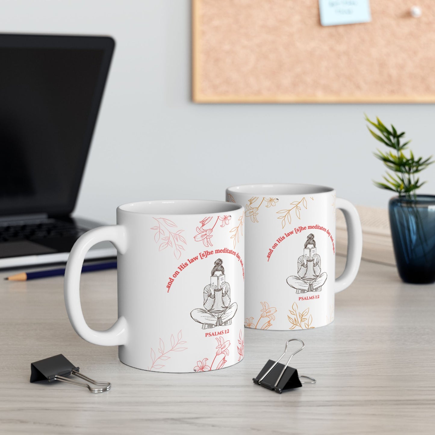 The Meditate Mug: Psalms 1:2 Quote, Red/Orange Plant Design