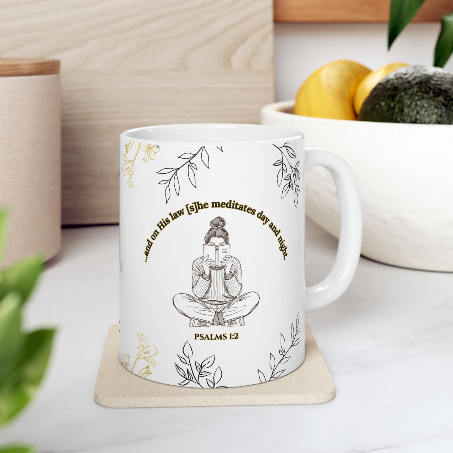 The Meditate Mug: Psalms 1:2 Quote, Black/Gold Plant Design