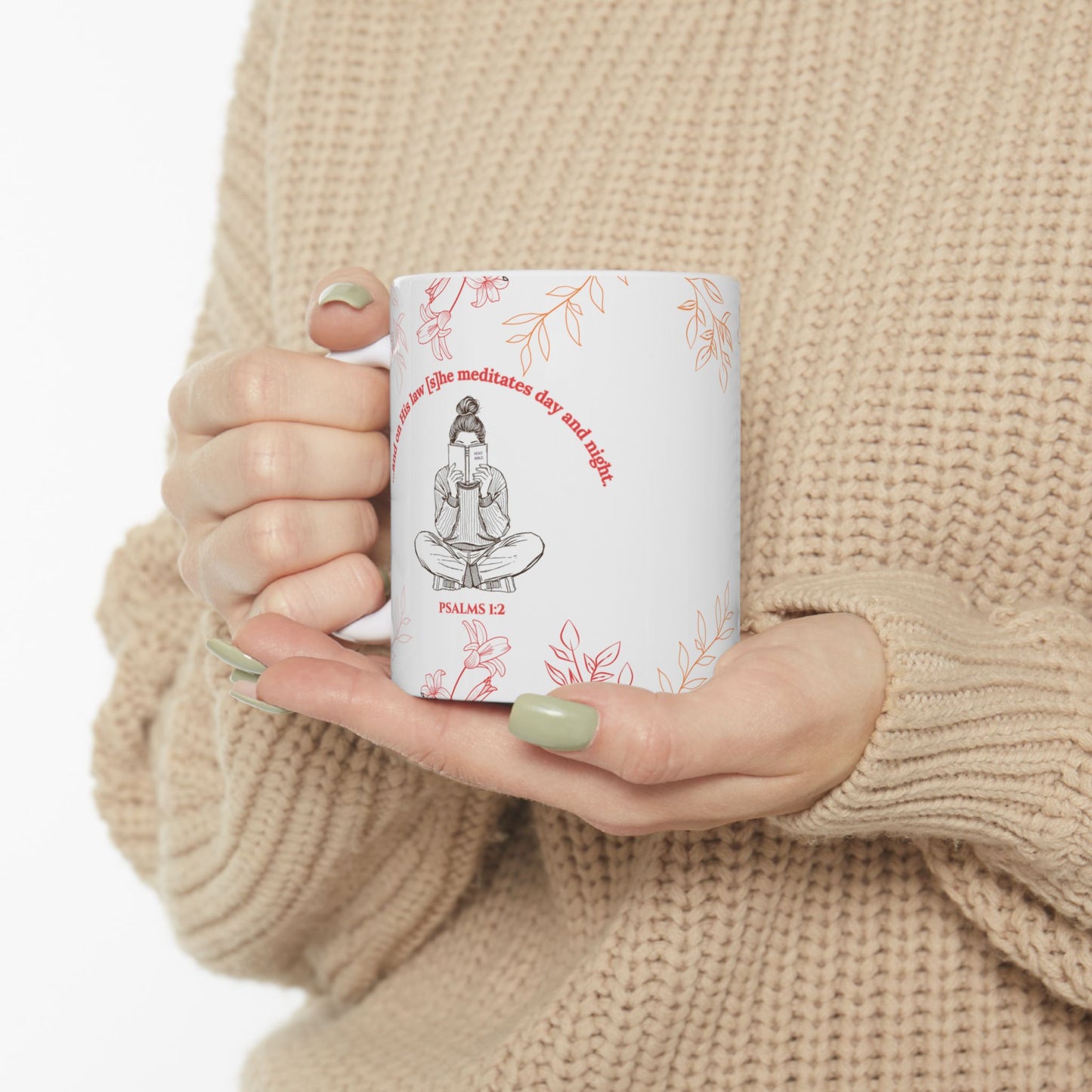 The Meditate Mug: Psalms 1:2 Quote, Red/Orange Plant Design