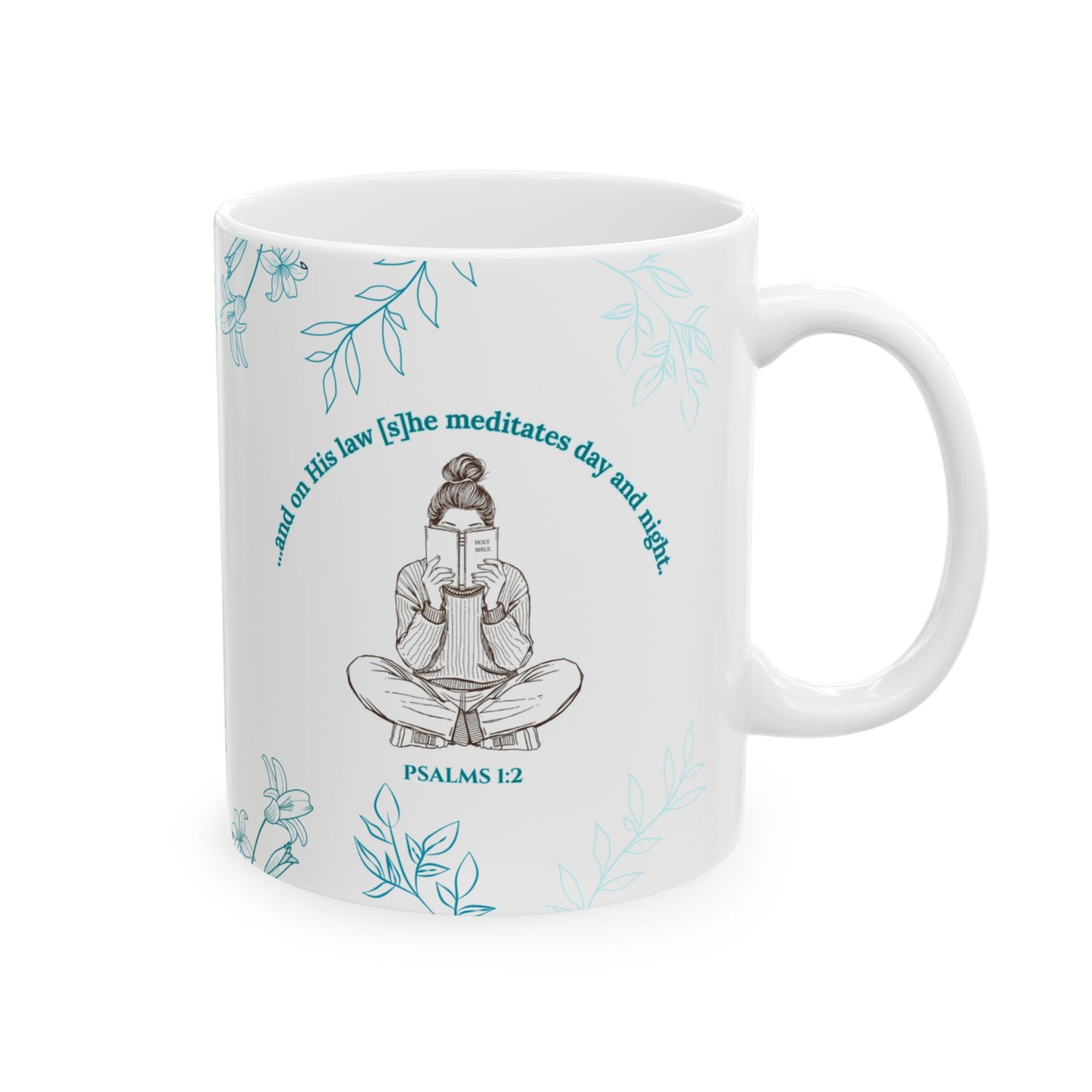 The Meditate Mug: Psalms 1:2 Quote, Green/Blue Plant Design