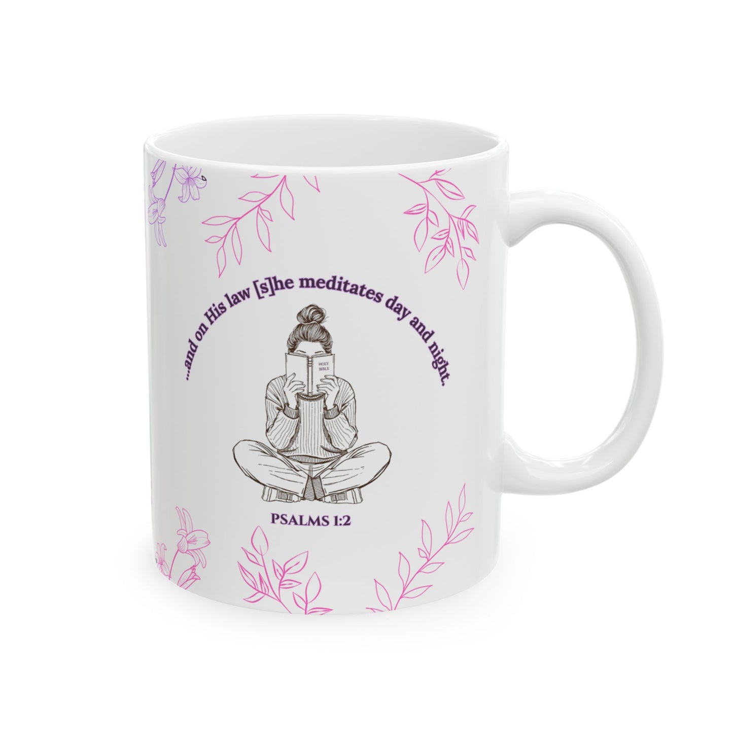 The Meditate Mug: Psalms 1:2 Quote, Purple/Pink Plant Design