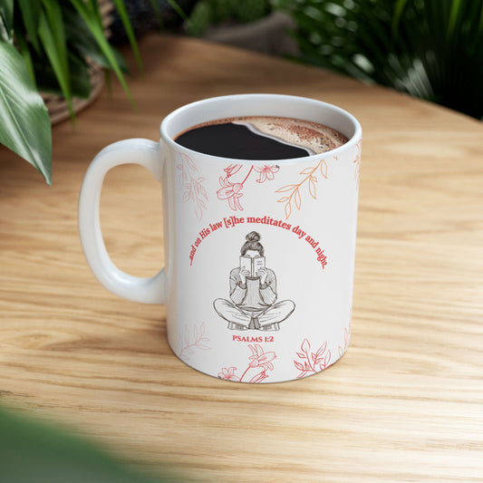 The Meditate Mug: Psalms 1:2 Quote, Red/Orange Plant Design
