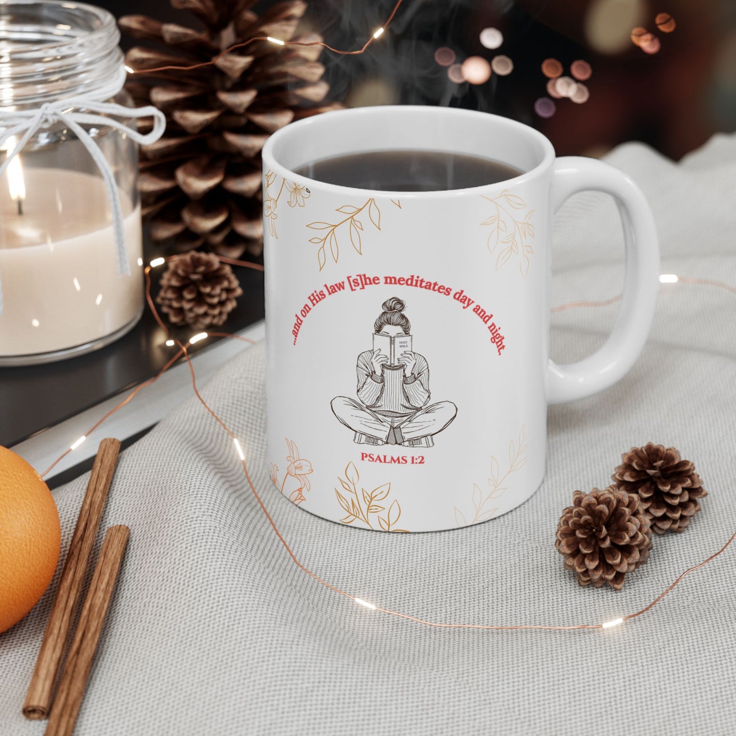 The Meditate Mug: Psalms 1:2 Quote, Red/Orange Plant Design