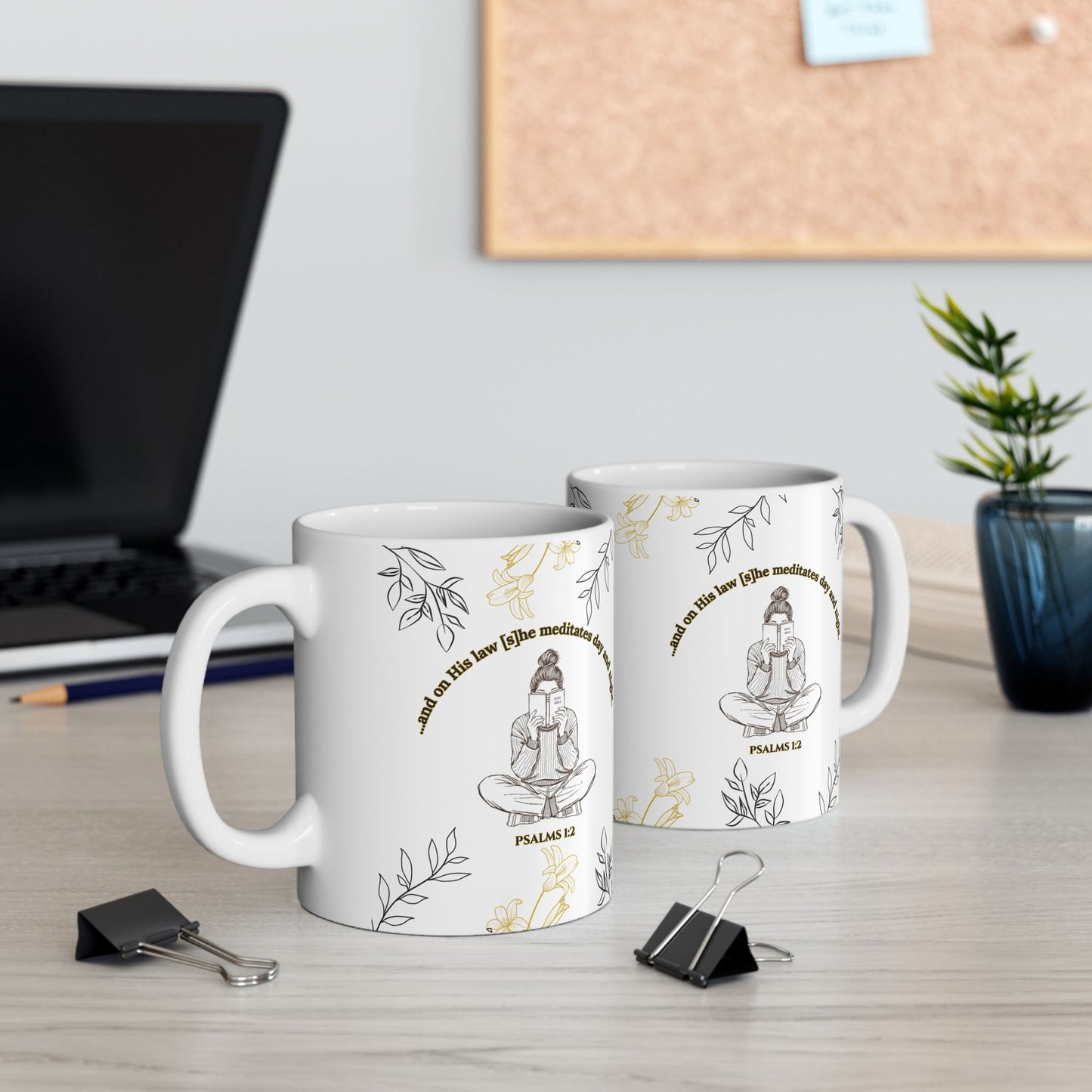 The Meditate Mug: Psalms 1:2 Quote, Black/Gold Plant Design
