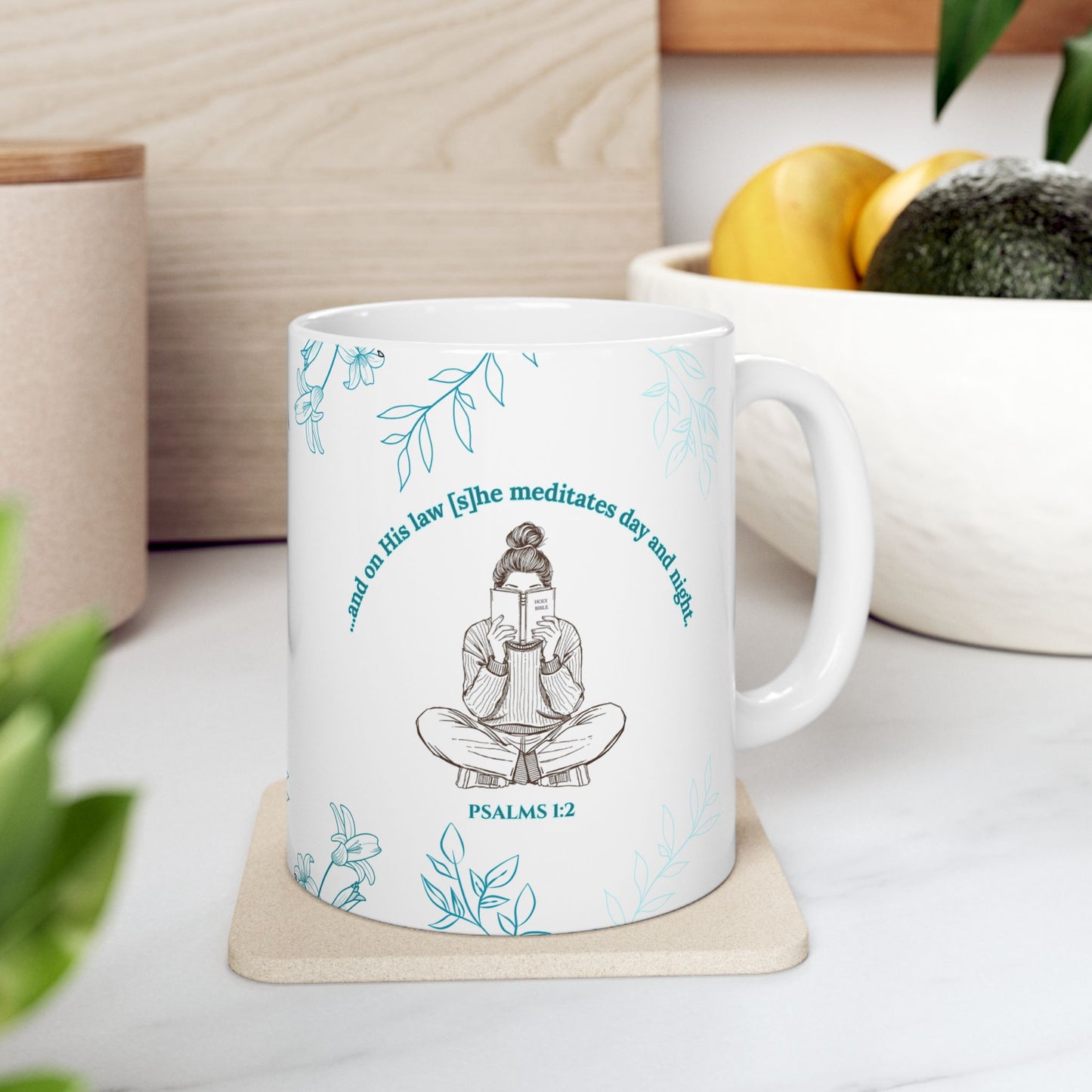 The Meditate Mug: Psalms 1:2 Quote, Green/Blue Plant Design