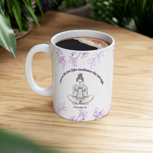 The Meditate Mug: Psalms 1:2 Quote, Purple/Pink Plant Design