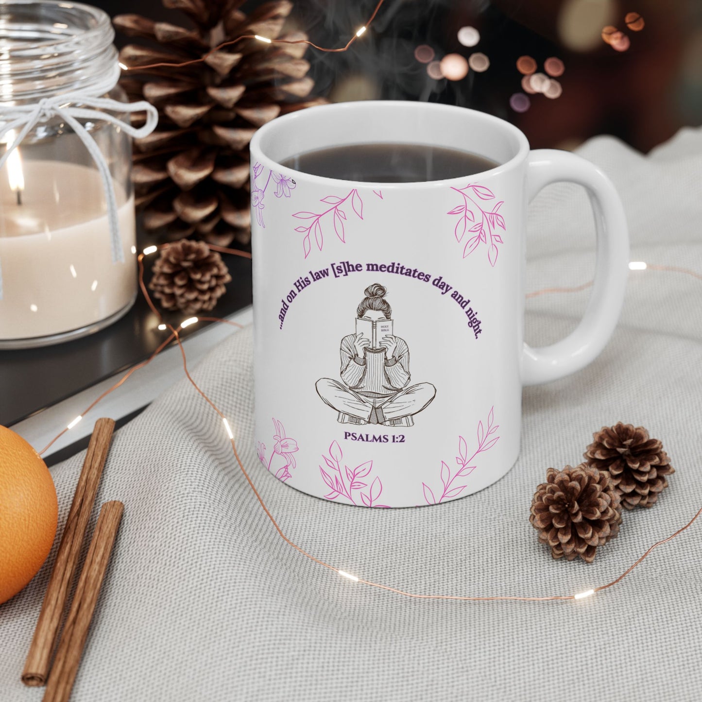 The Meditate Mug: Psalms 1:2 Quote, Purple/Pink Plant Design