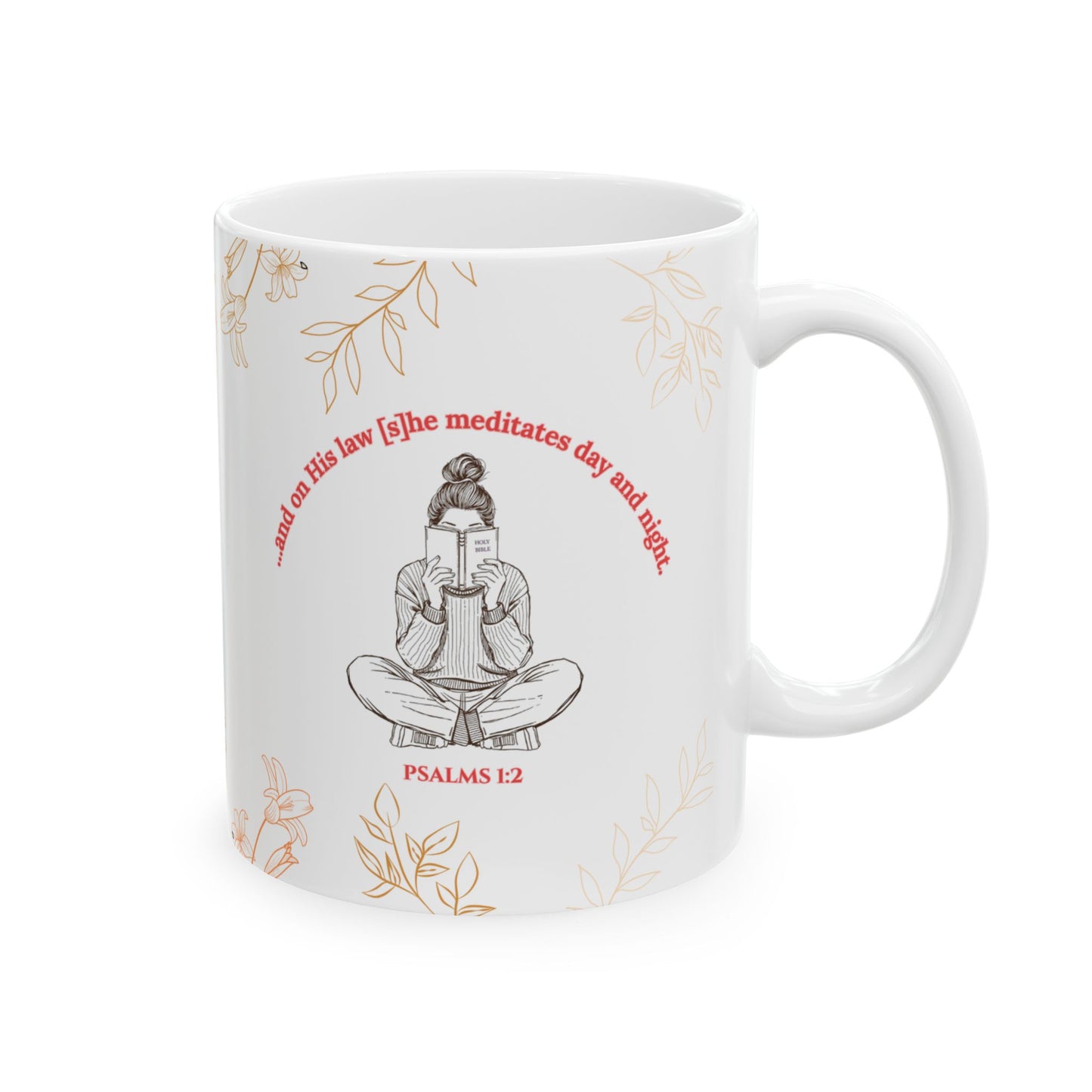The Meditate Mug: Psalms 1:2 Quote, Red/Orange Plant Design