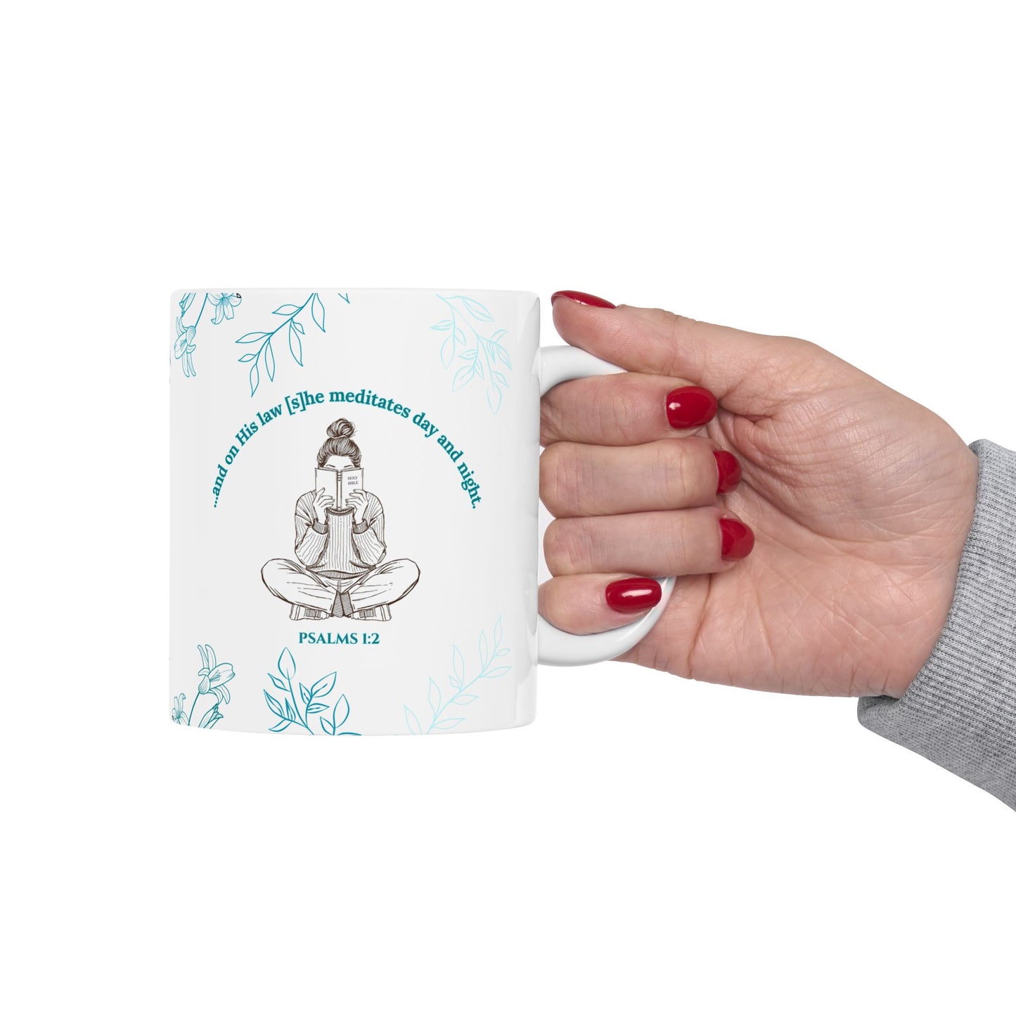 The Meditate Mug: Psalms 1:2 Quote, Green/Blue Plant Design