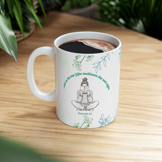 The Meditate Mug: Psalms 1:2 Quote, Green/Blue Plant Design