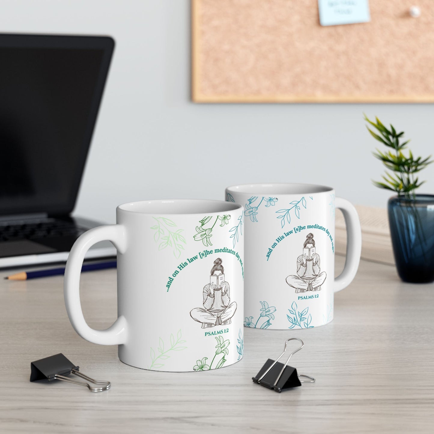 The Meditate Mug: Psalms 1:2 Quote, Green/Blue Plant Design