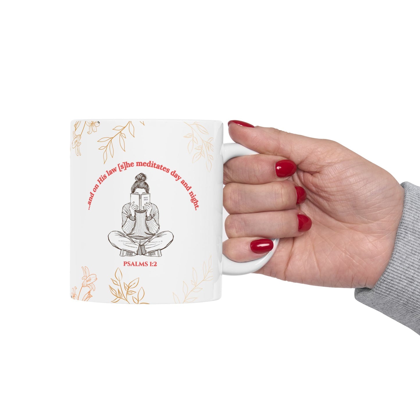 The Meditate Mug: Psalms 1:2 Quote, Red/Orange Plant Design