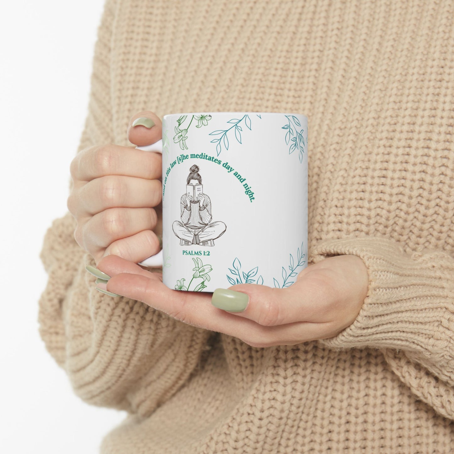 The Meditate Mug: Psalms 1:2 Quote, Green/Blue Plant Design