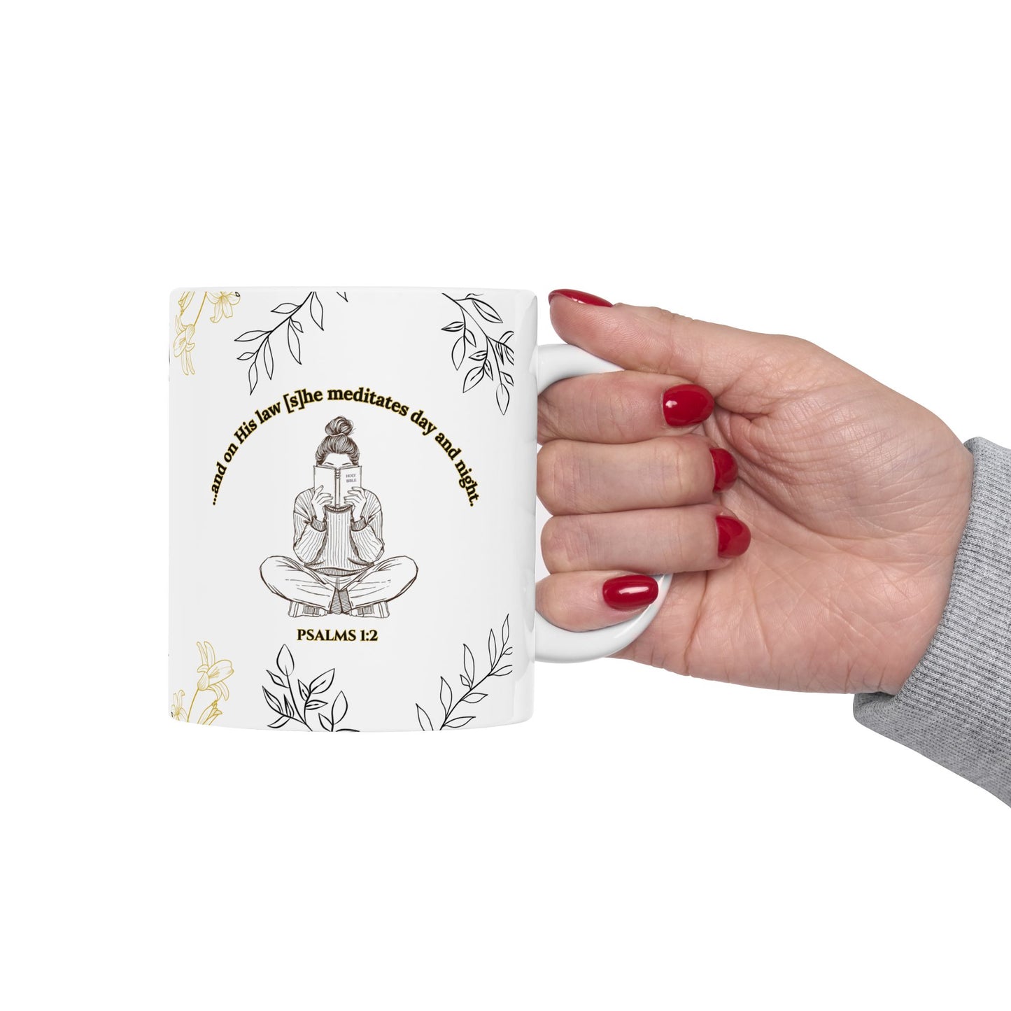 The Meditate Mug: Psalms 1:2 Quote, Black/Gold Plant Design