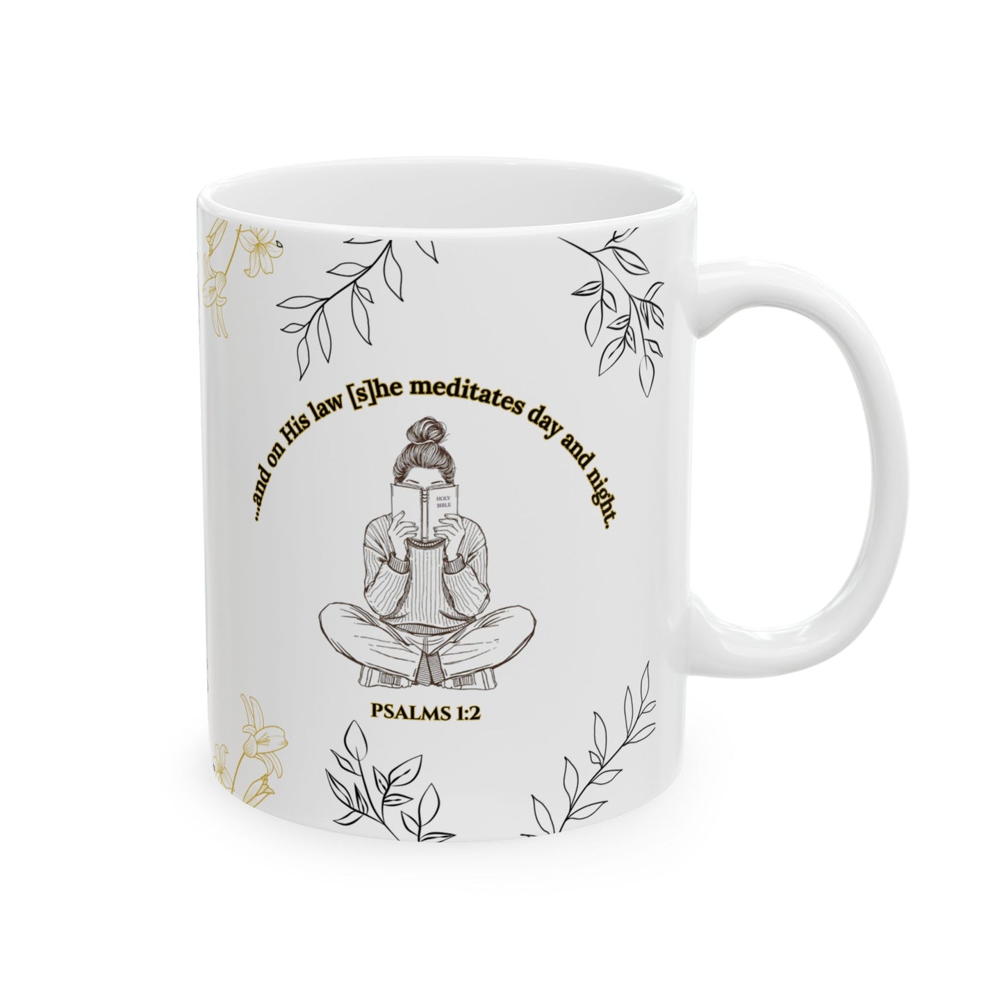 The Meditate Mug: Psalms 1:2 Quote, Black/Gold Plant Design