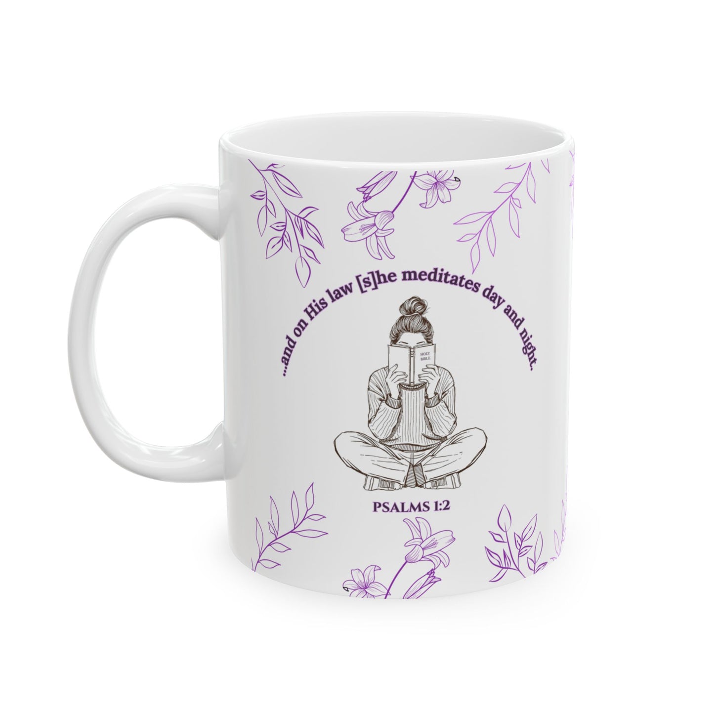 The Meditate Mug: Psalms 1:2 Quote, Purple/Pink Plant Design