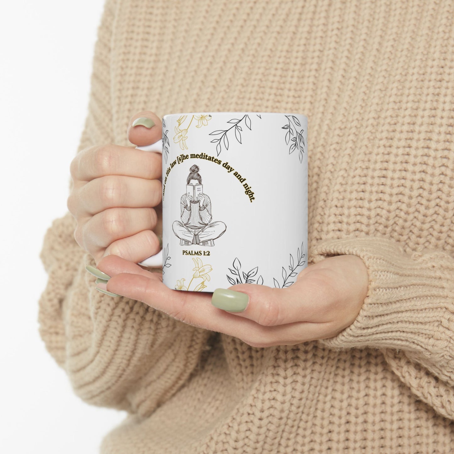 The Meditate Mug: Psalms 1:2 Quote, Black/Gold Plant Design